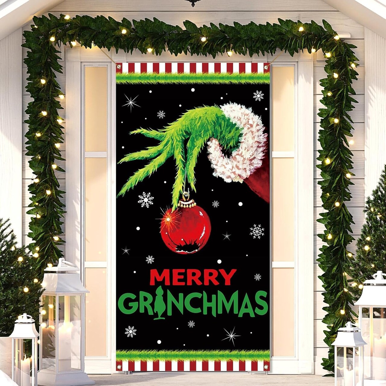 Merry Christmas Door Cover Xmas Winter Holiday Party Decoration Front Porch(70.87"L x 35.43"W)